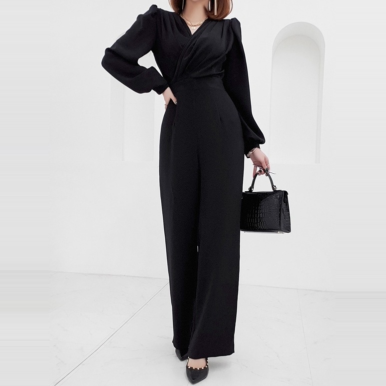レディース パーティードレス パーティー 結婚式 二次会 披露宴 謝恩会 ロング 長袖 ボリューム Vネック スリム パンツ 細身 きれいめ シンプル 上品 かっこいい クール エレガント フォーマル