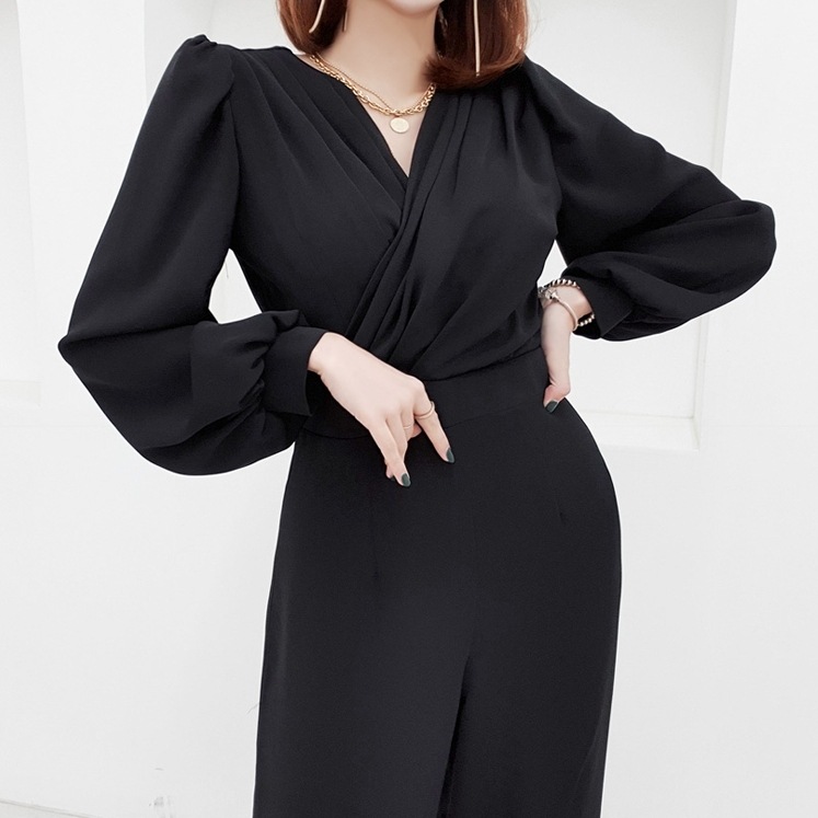 レディース パーティードレス パーティー 結婚式 二次会 披露宴 謝恩会 ロング 長袖 ボリューム Vネック スリム パンツ 細身 きれいめ シンプル 上品 かっこいい クール エレガント フォーマル