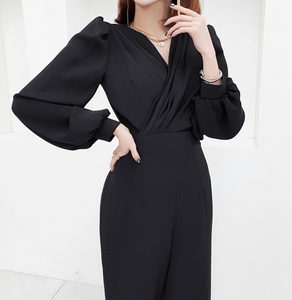 レディース パーティードレス パーティー 結婚式 二次会 披露宴 謝恩会 ロング 長袖 ボリューム Vネック スリム パンツ 細身 きれいめ シンプル 上品 かっこいい クール エレガント フォーマル