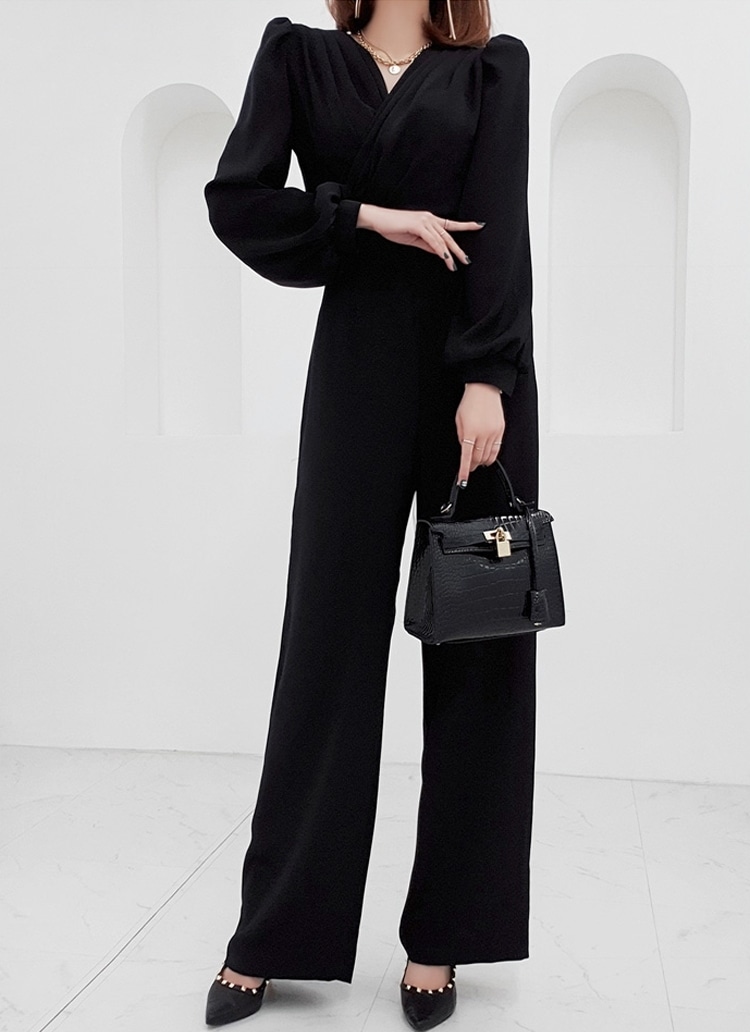 レディース パーティードレス パーティー 結婚式 二次会 披露宴 謝恩会 ロング 長袖 ボリューム Vネック スリム パンツ 細身 きれいめ シンプル 上品 かっこいい クール エレガント フォーマル