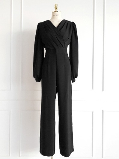 レディース パーティードレス パーティー 結婚式 二次会 披露宴 謝恩会 ロング 長袖 ボリューム Vネック スリム パンツ 細身 きれいめ シンプル 上品 かっこいい クール エレガント フォーマル