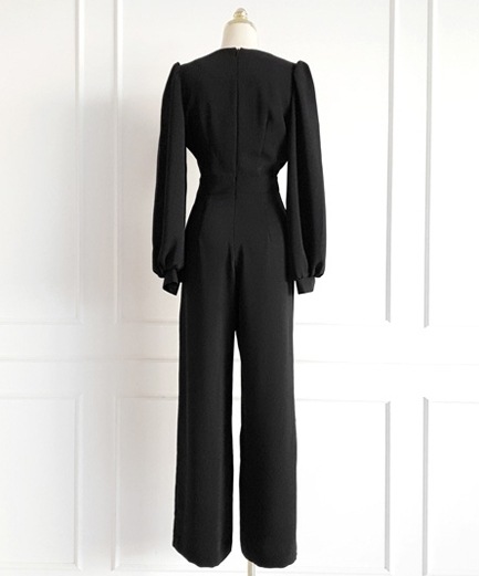 レディース パーティードレス パーティー 結婚式 二次会 披露宴 謝恩会 ロング 長袖 ボリューム Vネック スリム パンツ 細身 きれいめ シンプル 上品 かっこいい クール エレガント フォーマル