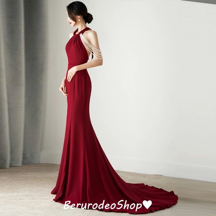 再販未定イブニングドレス ワイン赤 マーメイドドレス ホルターネック フリンジ パール エレガント ロングドレス 黒 ブラック 背開き セクシー 結び付き リボン オシャレ 結婚式ドレス 二次会ドレス