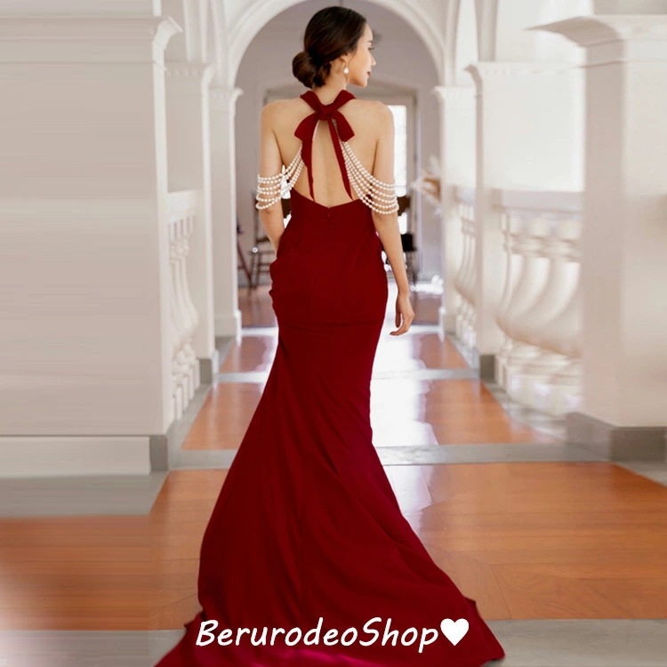 再販未定イブニングドレス ワイン赤 マーメイドドレス ホルターネック フリンジ パール エレガント ロングドレス 黒 ブラック 背開き セクシー 結び付き リボン オシャレ 結婚式ドレス 二次会ドレス