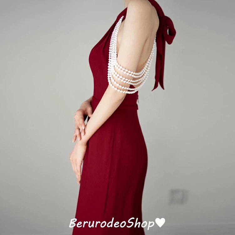 再販未定イブニングドレス ワイン赤 マーメイドドレス ホルターネック フリンジ パール エレガント ロングドレス 黒 ブラック 背開き セクシー 結び付き リボン オシャレ 結婚式ドレス 二次会ドレス