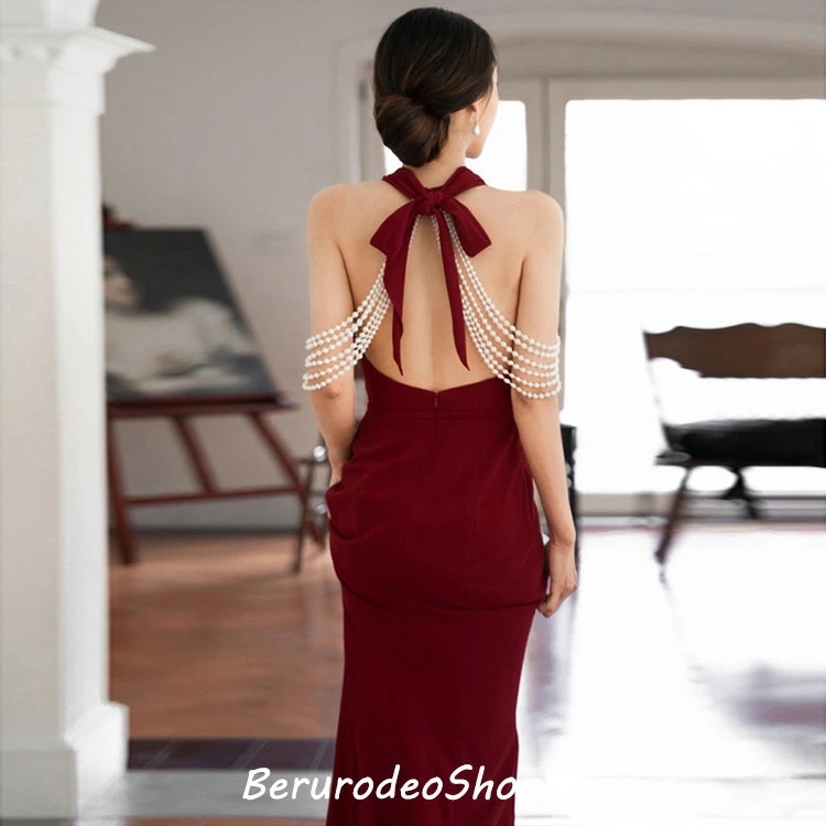 再販未定イブニングドレス ワイン赤 マーメイドドレス ホルターネック フリンジ パール エレガント ロングドレス 黒 ブラック 背開き セクシー 結び付き リボン オシャレ 結婚式ドレス 二次会ドレス