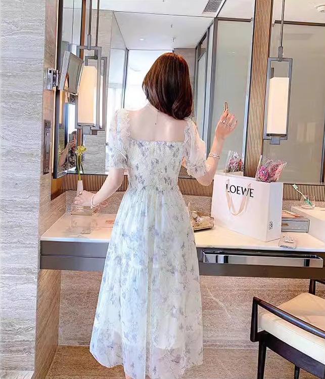 シフォン Vネック パフスリーブ ワンピース ミドル丈 韓国 花柄シフォンミドル丈ワンピース,スクエアカラー,パフスリーブ