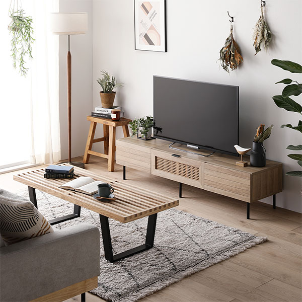テレビボード 幅150cm ナチュラル ラタン調扉 大容量収納 異素材デザイン スチール TVボード テレビ台 組立品