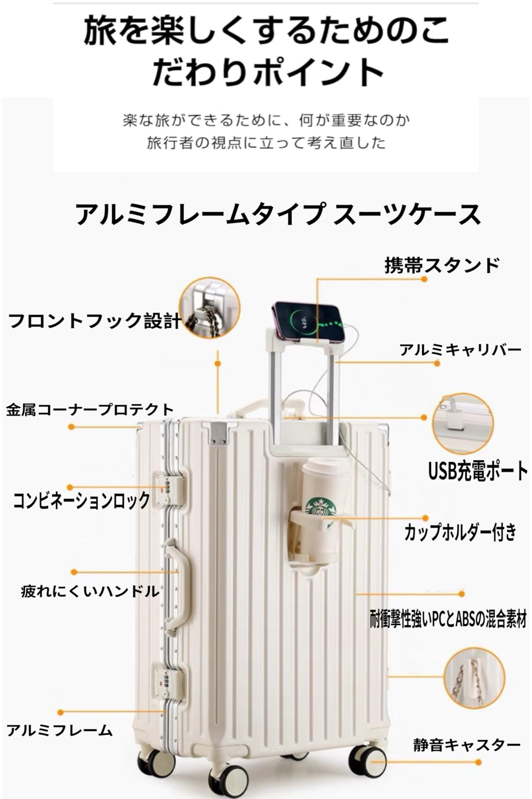 [Yuweijie] スーツケース アルミフレームタイプ キャリーケース 機内持込可 シルバー s/m/l/xlサイズ 3泊4日 55l 多機能 バッグかけフック付き キャリーバッグ カップホルダー付