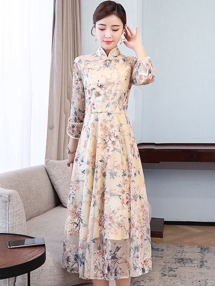 ワンピース レディース ロング ロング丈 袖あり 7分袖 七分袖 襟なし セミフレア スリム タイト