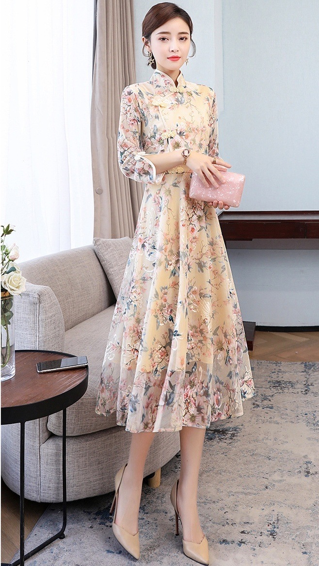 ワンピース レディース ロング ロング丈 袖あり 7分袖 七分袖 襟なし セミフレア スリム タイト