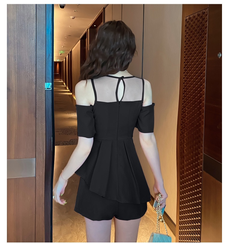 トップス カットソー プルオーバー ボトムス パンツ ショート丈 2点セット スタイルアップ 袖あり 半袖 襟なし チュール 肩だし レース シフォン フリル かわいい 大人可愛い 大人女子