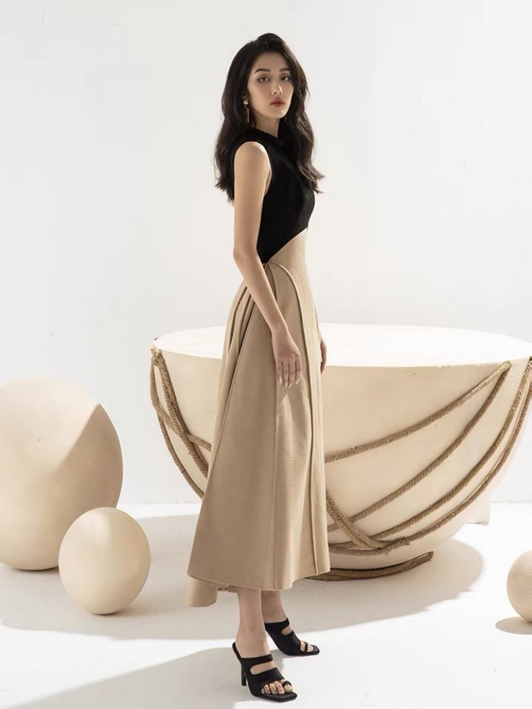 夏パーティードレスノースリーブリネンワンピースワンピース 夏 切り替え ノースリーブ ウエスト引き締め ロングワンピース 気質 ドレス 高級感 体型カバー 着痩せキャミワンピース