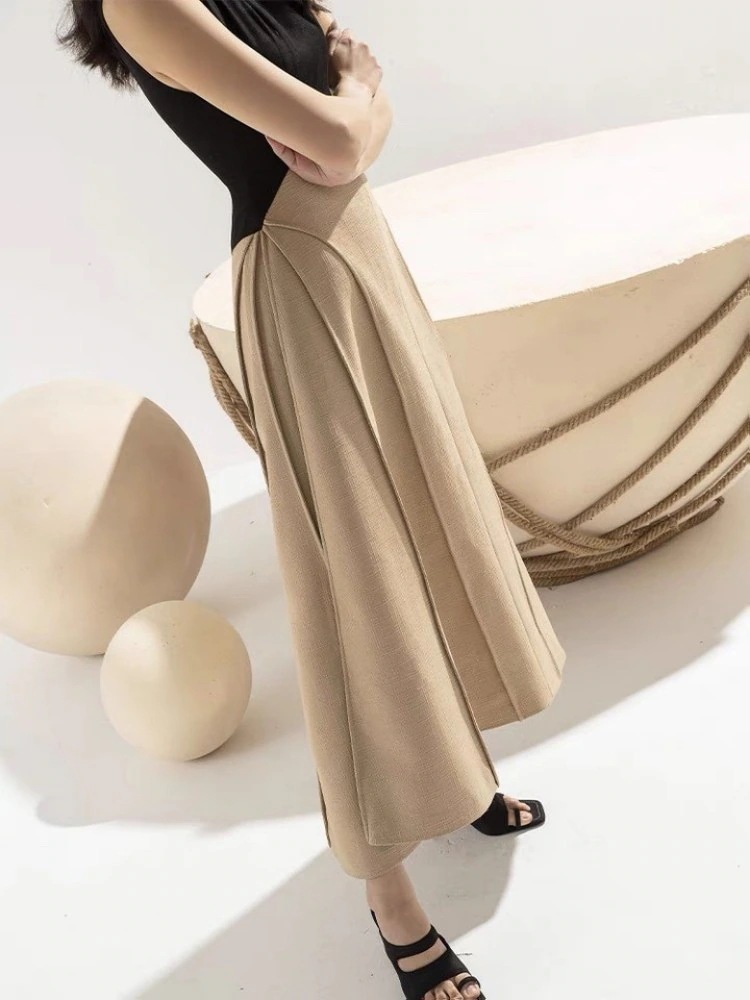 夏パーティードレスノースリーブリネンワンピースワンピース 夏 切り替え ノースリーブ ウエスト引き締め ロングワンピース 気質 ドレス 高級感 体型カバー 着痩せキャミワンピース