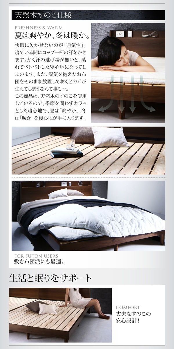 [組立設置付]棚/コンセント付 すのこベッド [モーゲント] マルチラススーパースプリングマットレス付 セミダブル ホワイト