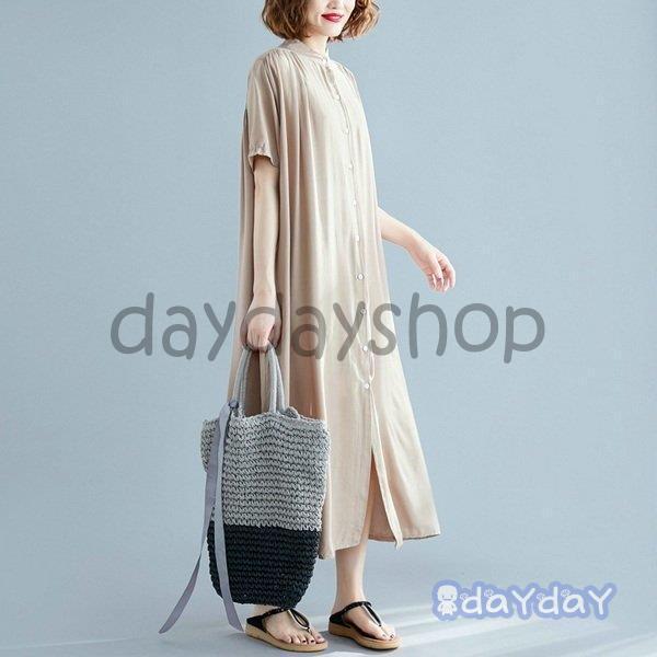 ワンピース ロング丈 ロングわんぴ 半袖 ロングスカート フレアスカート 体型カバー スタンドカラー ロングシャツ シャツワンピース ワンピース ロング丈 ロングわんぴ 半袖 ロングスカート フレアスカート 体型カバー スタンドカラー ロングシャツ シャツワンピース