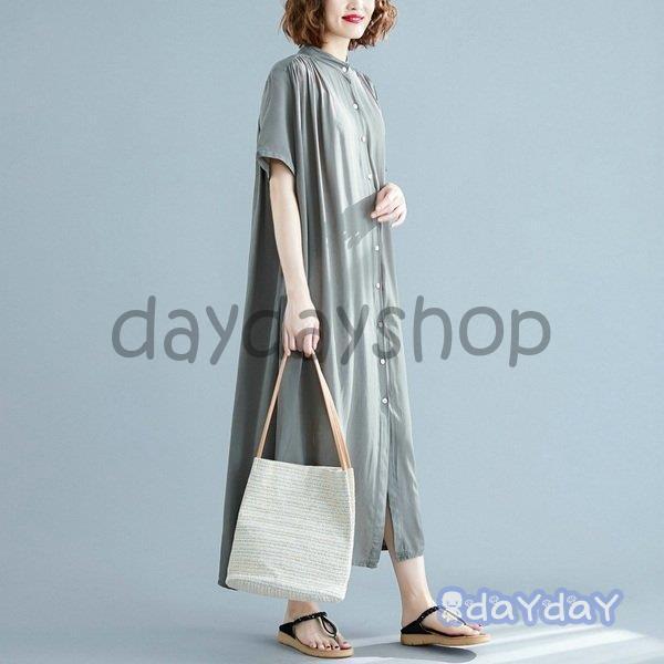 ワンピース ロング丈 ロングわんぴ 半袖 ロングスカート フレアスカート 体型カバー スタンドカラー ロングシャツ シャツワンピース ワンピース ロング丈 ロングわんぴ 半袖 ロングスカート フレアスカート 体型カバー スタンドカラー ロングシャツ シャツワンピース