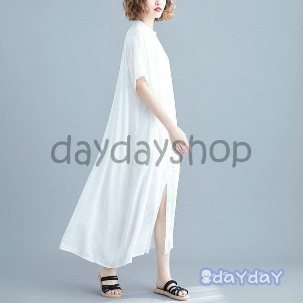 ワンピース ロング丈 ロングわんぴ 半袖 ロングスカート フレアスカート 体型カバー スタンドカラー ロングシャツ シャツワンピース ワンピース ロング丈 ロングわんぴ 半袖 ロングスカート フレアスカート 体型カバー スタンドカラー ロングシャツ シャツワンピース