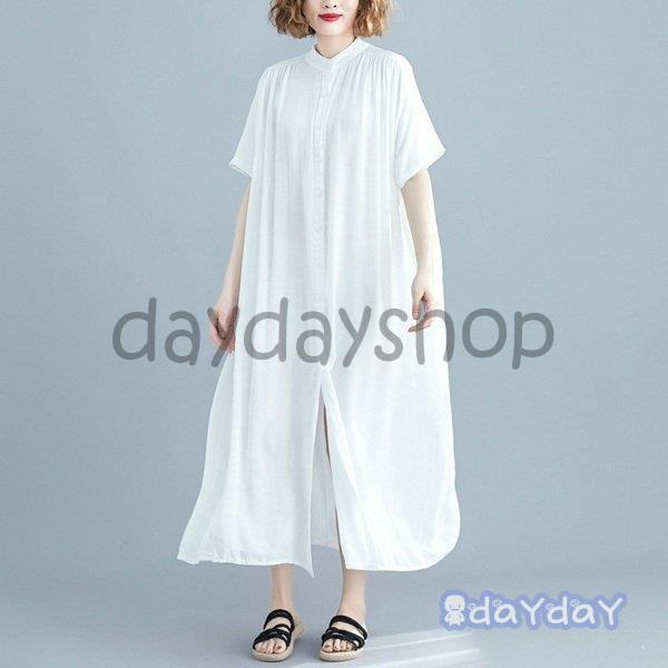 ワンピース ロング丈 ロングわんぴ 半袖 ロングスカート フレアスカート 体型カバー スタンドカラー ロングシャツ シャツワンピース ワンピース ロング丈 ロングわんぴ 半袖 ロングスカート フレアスカート 体型カバー スタンドカラー ロングシャツ シャツワンピース