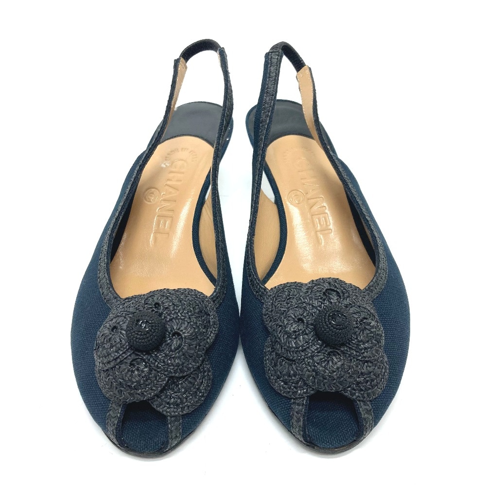 パンプス カメリア オープントゥパンプス パンプス 靴 キャンバス ブラック