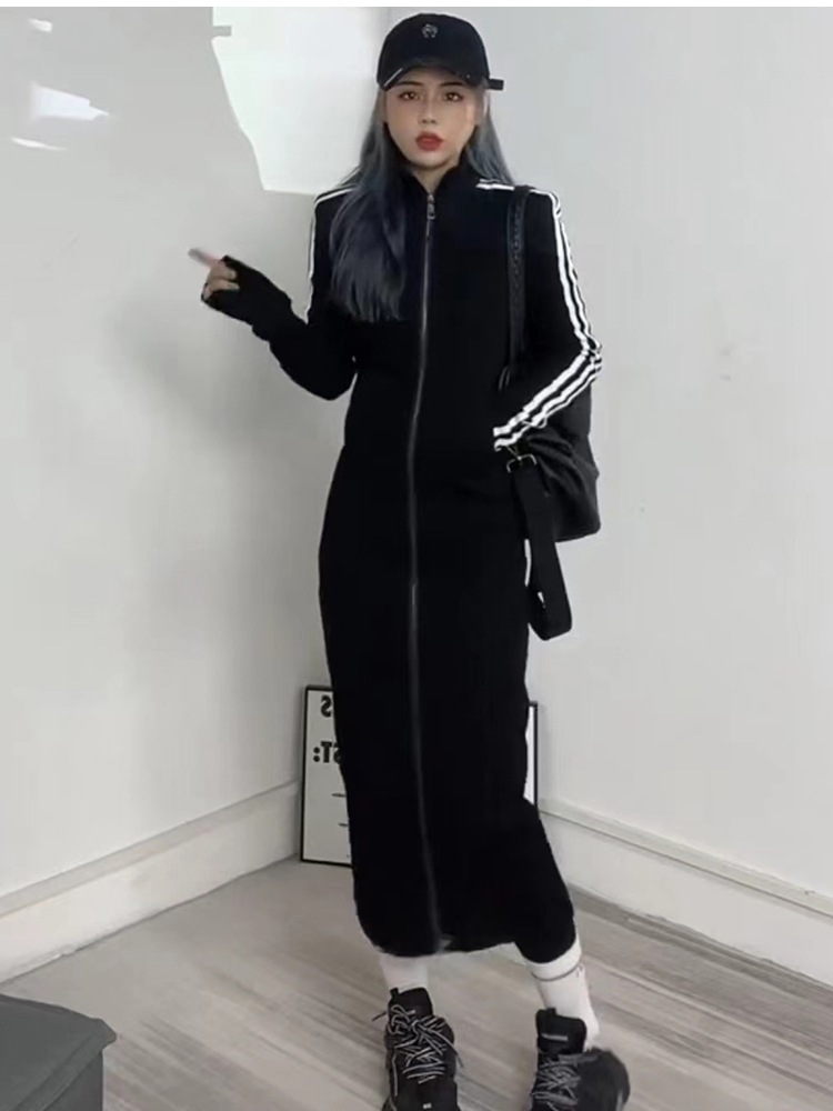 ストライプロングワンピース ダブルジッパー スタンドアップカラー 長袖ワンピース ドレス ワンピース カジュアル かわいい おしゃれ ジャージ オーバーサイズ 2カラー D78 ストライプロングワンピース ダブルジッパー スタンドアップカラー 長袖ワンピース ドレス ワンピース カジュアル かわいい おしゃれ ジャージ オーバーサイズ 2カラー D78