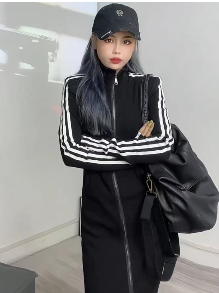 ストライプロングワンピース ダブルジッパー スタンドアップカラー 長袖ワンピース ドレス ワンピース カジュアル かわいい おしゃれ ジャージ オーバーサイズ 2カラー D78 ストライプロングワンピース ダブルジッパー スタンドアップカラー 長袖ワンピース ドレス ワンピース カジュアル かわいい おしゃれ ジャージ オーバーサイズ 2カラー D78