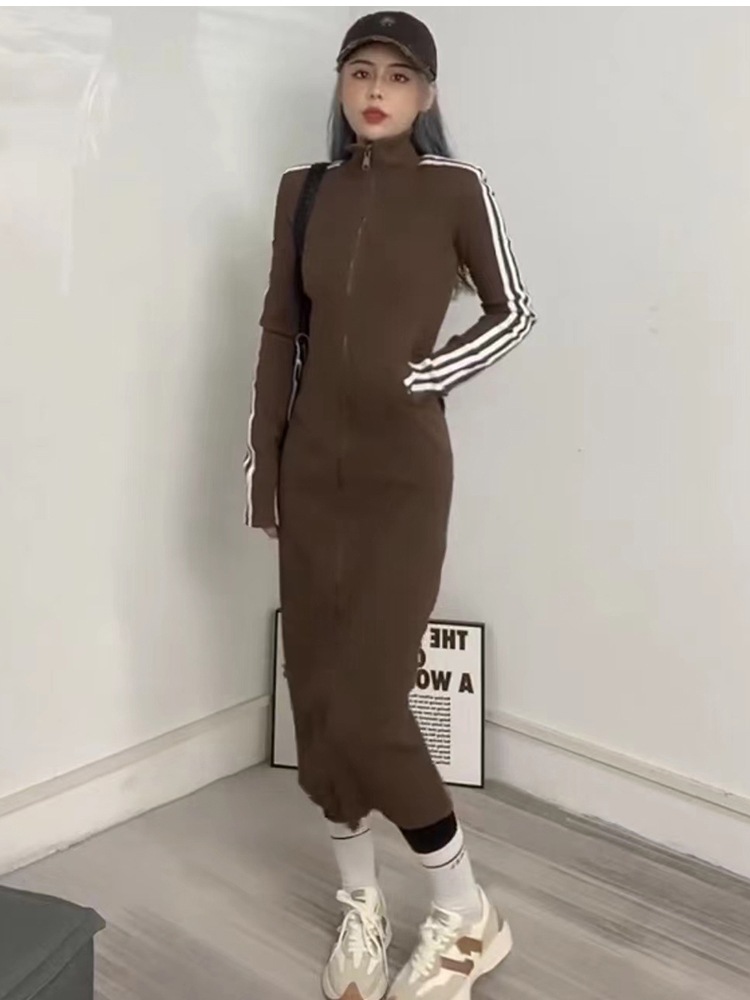 ストライプロングワンピース ダブルジッパー スタンドアップカラー 長袖ワンピース ドレス ワンピース カジュアル かわいい おしゃれ ジャージ オーバーサイズ 2カラー D78 ストライプロングワンピース ダブルジッパー スタンドアップカラー 長袖ワンピース ドレス ワンピース カジュアル かわいい おしゃれ ジャージ オーバーサイズ 2カラー D78