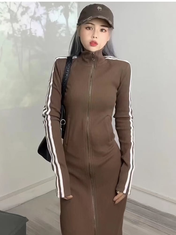 ストライプロングワンピース ダブルジッパー スタンドアップカラー 長袖ワンピース ドレス ワンピース カジュアル かわいい おしゃれ ジャージ オーバーサイズ 2カラー D78 ストライプロングワンピース ダブルジッパー スタンドアップカラー 長袖ワンピース ドレス ワンピース カジュアル かわいい おしゃれ ジャージ オーバーサイズ 2カラー D78
