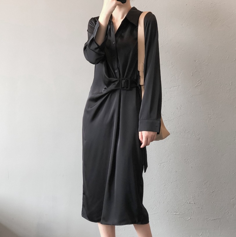 ロングワンピース シルキー ワンピース デート ロングスカート シャツワンピース ミモレ丈 ロング 袖あり 長袖 襟付き ストレート Iライン スマート ベルト ウエストマーク ポリエステル サテン