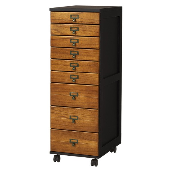 9段チェスト 引き出し多段収納 B4収納 キャスター ネームプレート付 アンティーク風 すきま コンパクト 書類 小物 整理