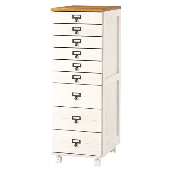 9段チェスト 引き出し多段収納 B4収納 キャスター ネームプレート付 アンティーク風 すきま コンパクト 書類 小物 整理