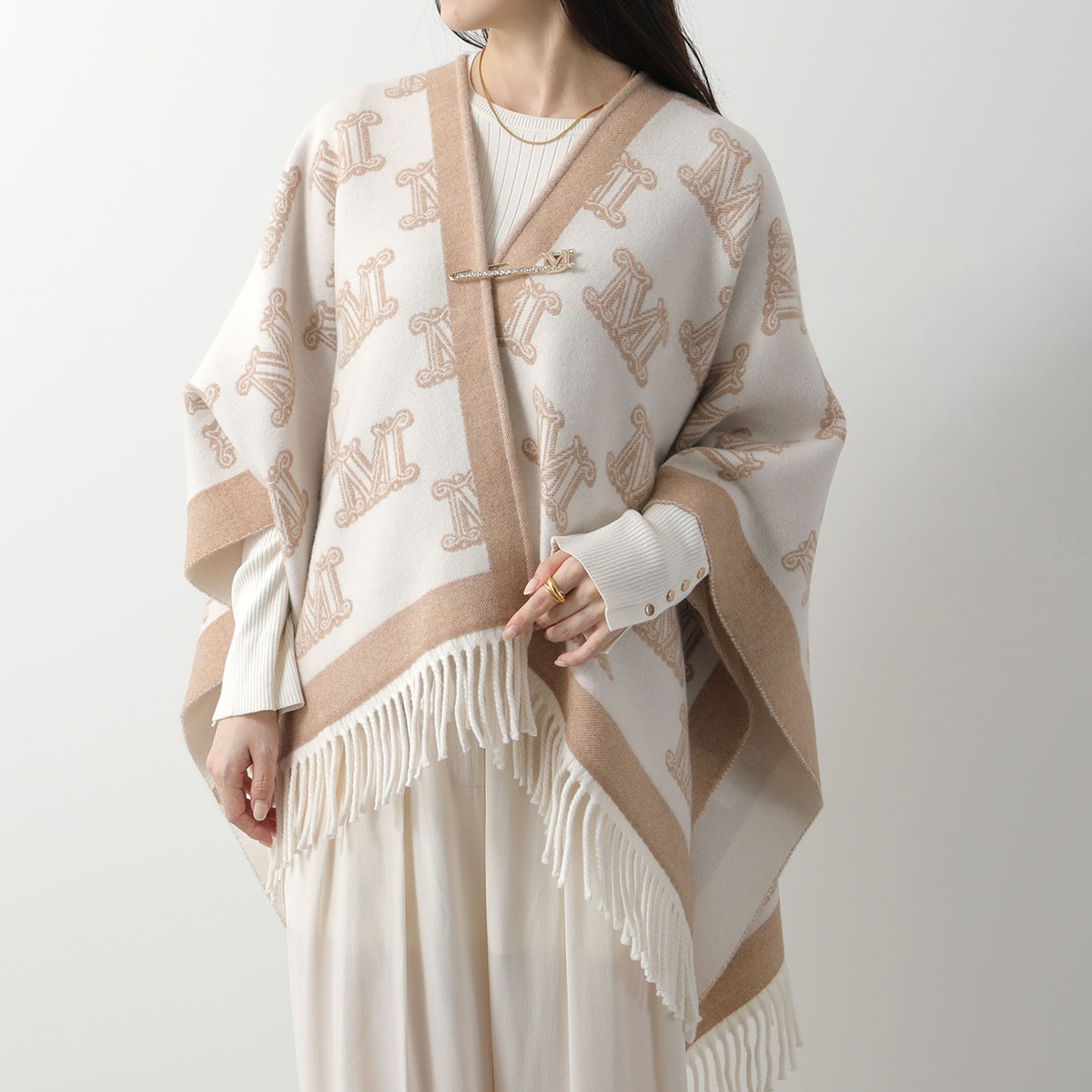 MAX MARA マックスマーラ ケープ FRINE フリンジ レディース ポンチョ ストール ウール ジャガードロゴ フリンジ ピンブローチ付き カラー5色