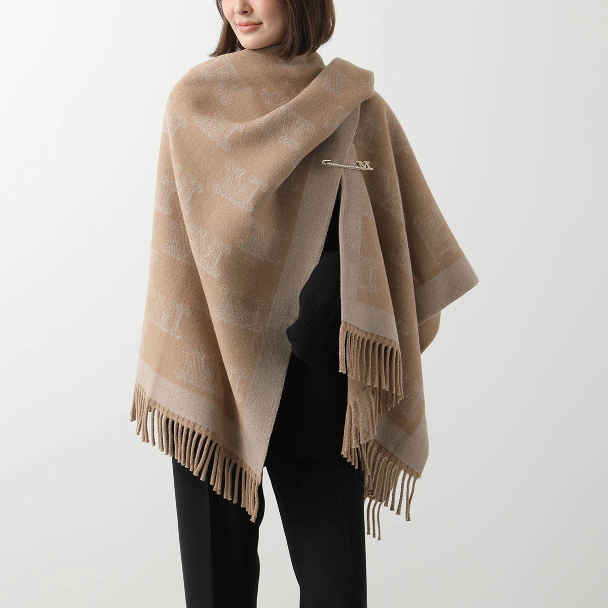 MAX MARA マックスマーラ ケープ FRINE フリンジ レディース ポンチョ ストール ウール ジャガードロゴ フリンジ ピンブローチ付き カラー5色