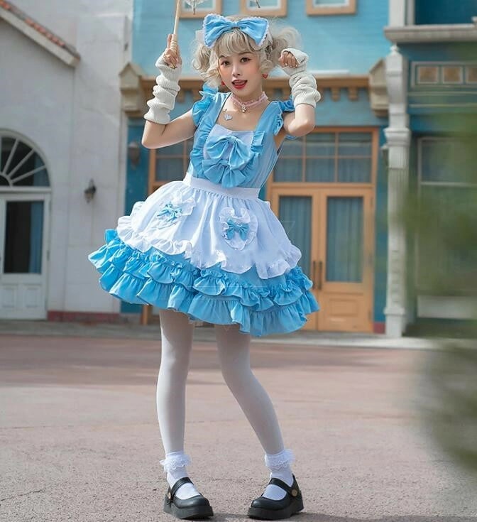 ブルー メイド服 ロリータワンピース 可愛い キャミソール 膝丈 ブティアードワンピース メイド服 女性 ハロウィン衣裳 大人 コスチューム エプロン リボン コスプレ 学園祭 文化祭 仮装