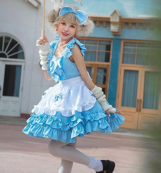 ブルー メイド服 ロリータワンピース 可愛い キャミソール 膝丈 ブティアードワンピース メイド服 女性 ハロウィン衣裳 大人 コスチューム エプロン リボン コスプレ 学園祭 文化祭 仮装