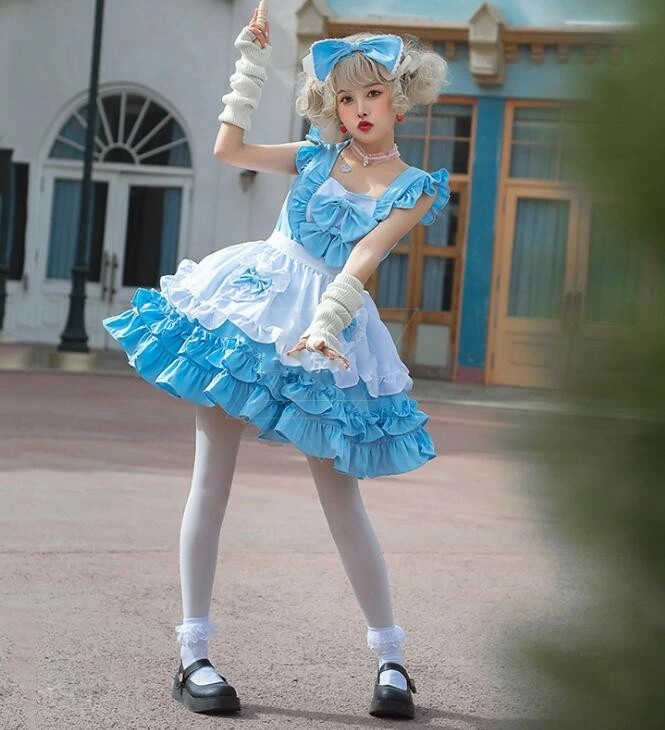 ブルー メイド服 ロリータワンピース 可愛い キャミソール 膝丈 ブティアードワンピース メイド服 女性 ハロウィン衣裳 大人 コスチューム エプロン リボン コスプレ 学園祭 文化祭 仮装