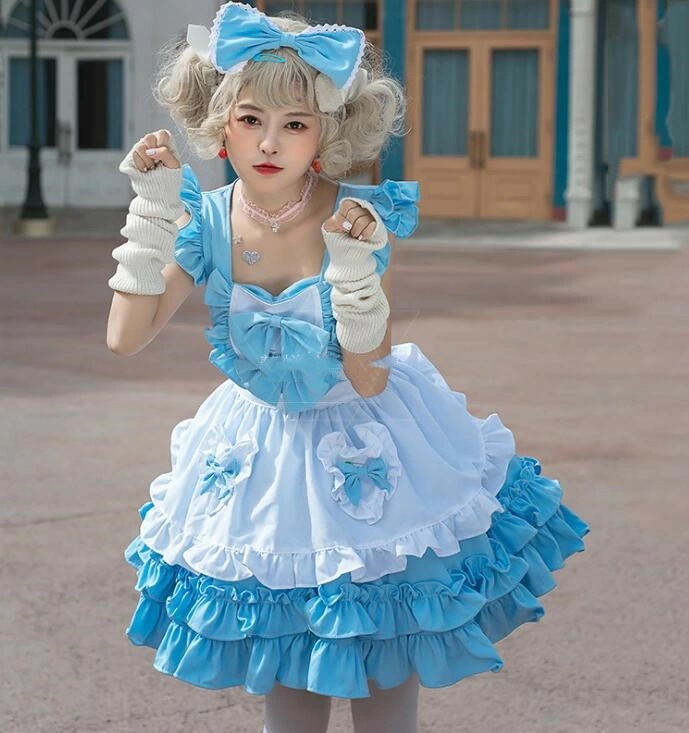 ブルー メイド服 ロリータワンピース 可愛い キャミソール 膝丈 ブティアードワンピース メイド服 女性 ハロウィン衣裳 大人 コスチューム エプロン リボン コスプレ 学園祭 文化祭 仮装