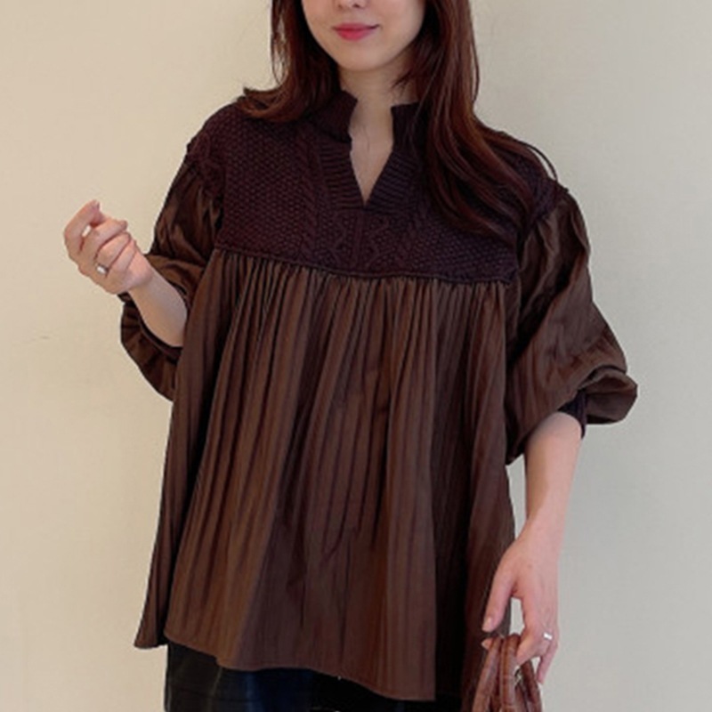 Tシャツカットソーシフォンブラウスレトロ初春シャツブラウスレディースニット切り替えVネックプリーツチュニックトップスバブル袖おしゃれ気質高級感　怠惰な風ゆったり