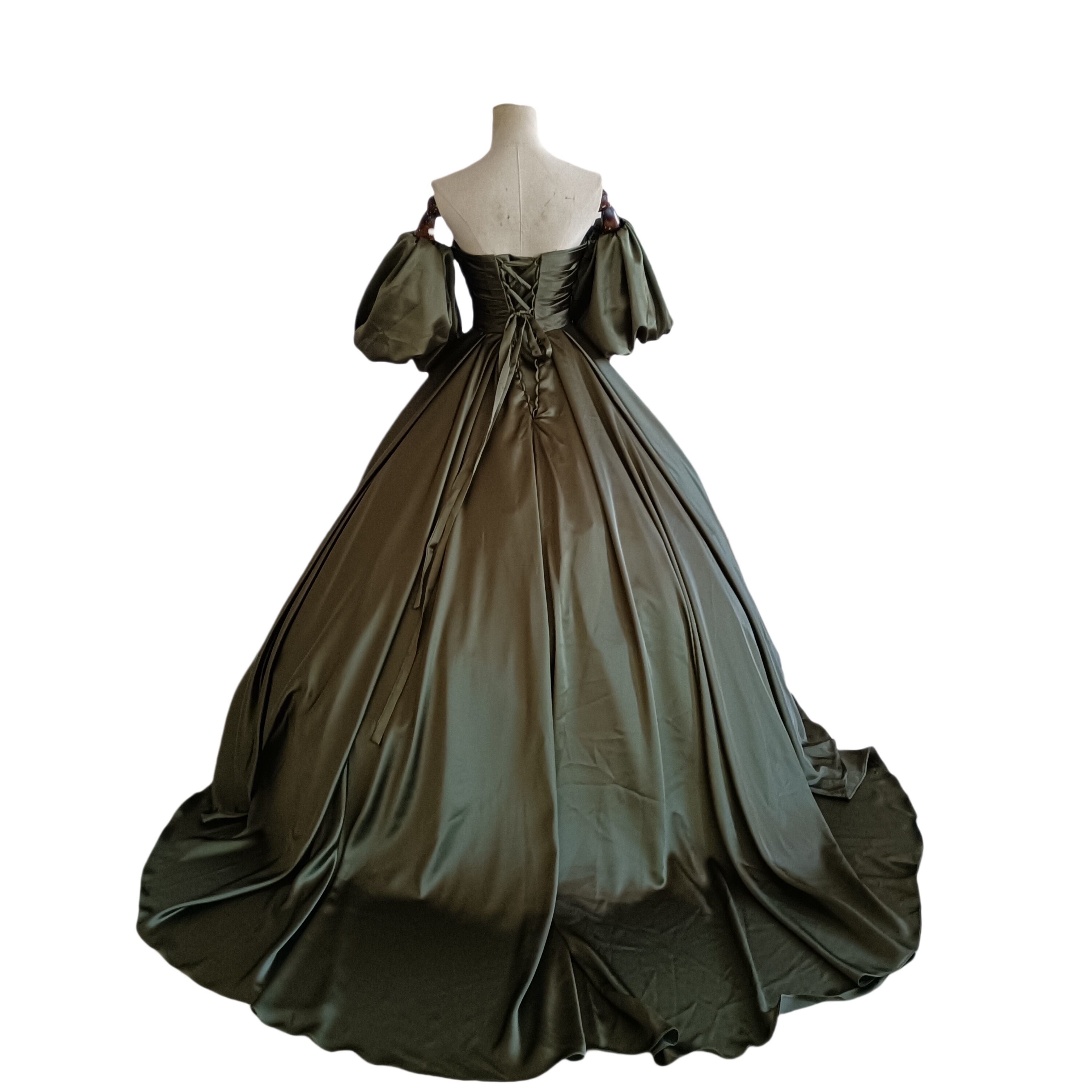 豪華!カラードレス 深めな緑 ベアトップ パフスリーブ 豪華なバックリボン 編み上げ 花嫁 豪華!カラードレス 深めな緑 ベアトップ パフスリーブ 豪華なバックリボン 編み上げ 花嫁