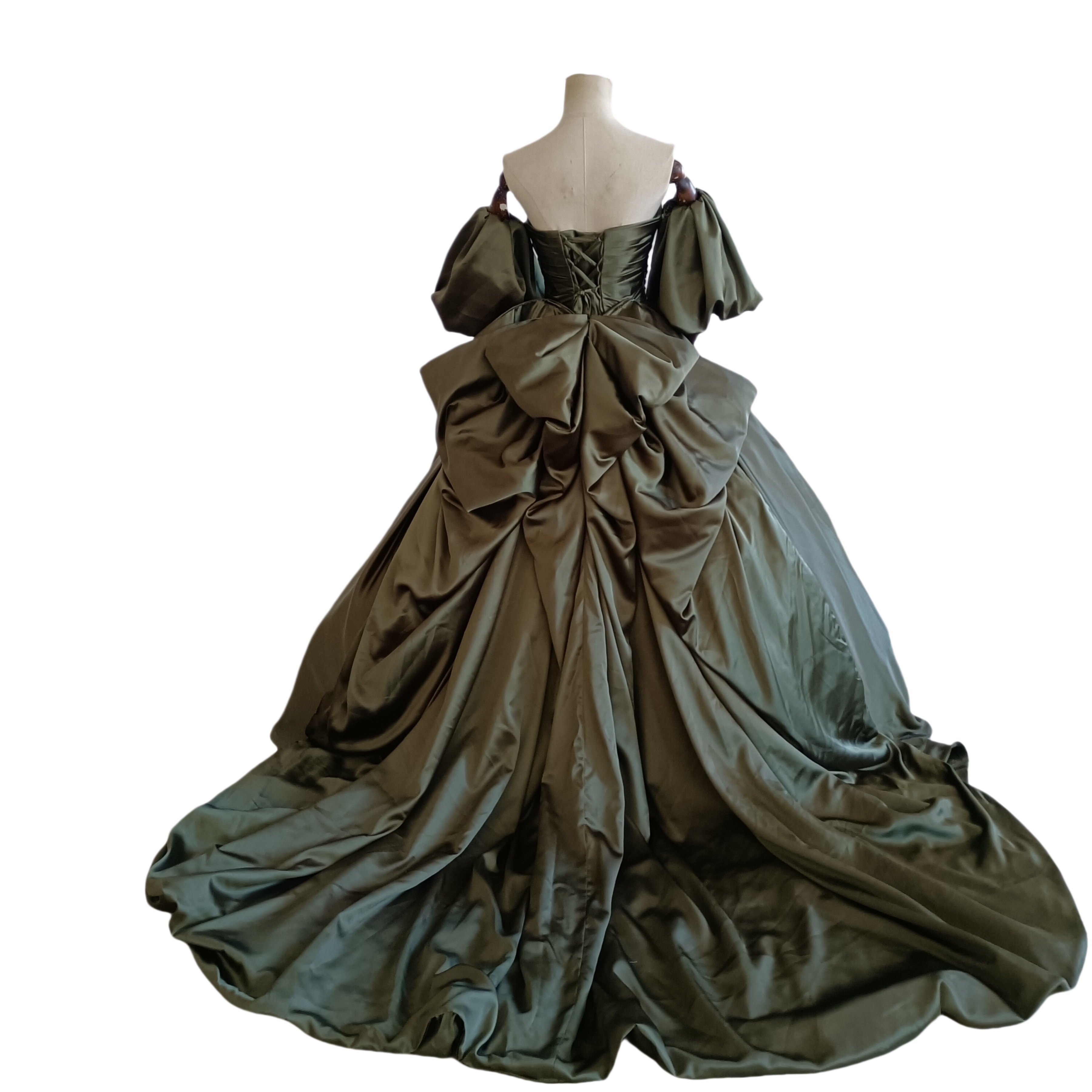 豪華!カラードレス 深めな緑 ベアトップ パフスリーブ 豪華なバックリボン 編み上げ 花嫁 豪華!カラードレス 深めな緑 ベアトップ パフスリーブ 豪華なバックリボン 編み上げ 花嫁