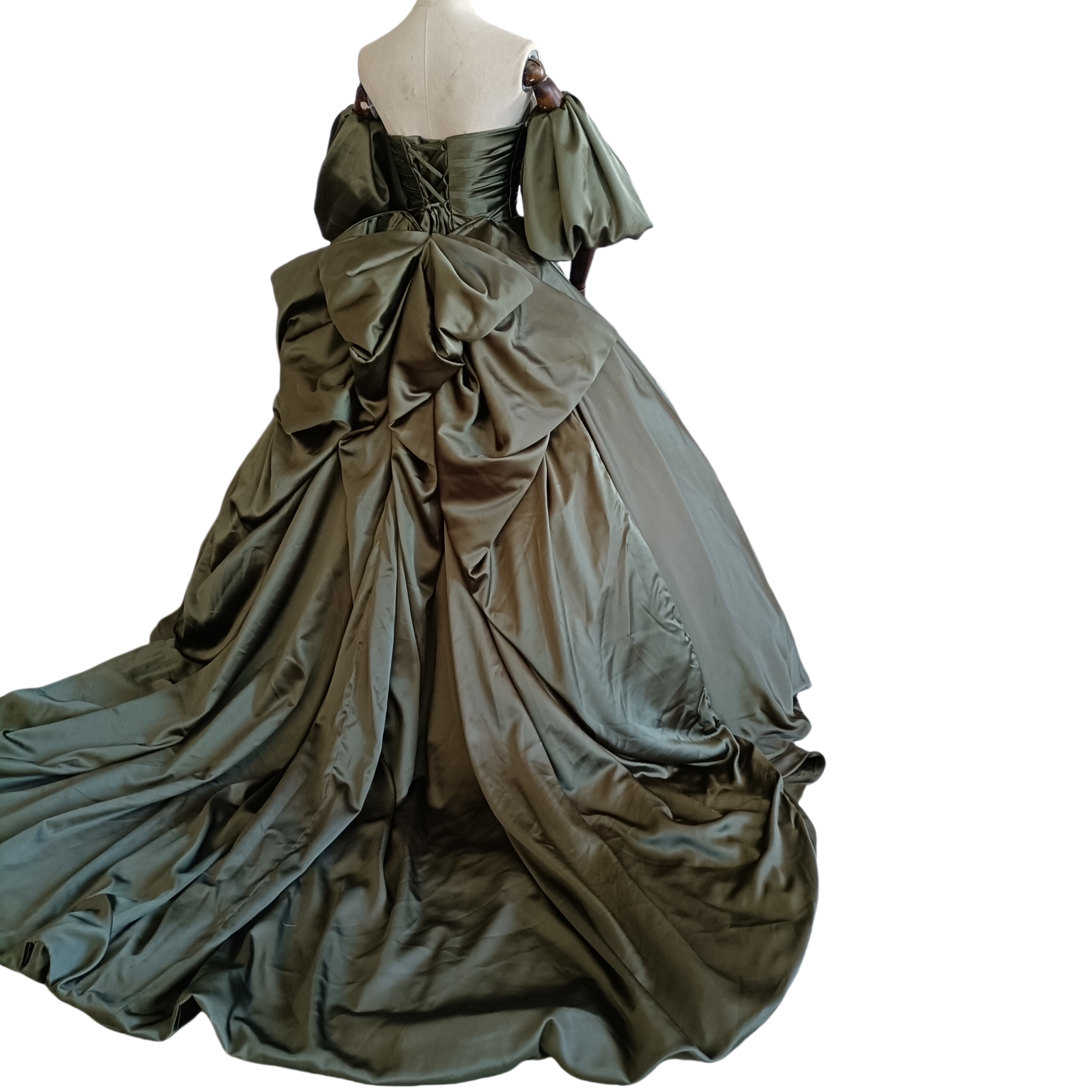 豪華!カラードレス 深めな緑 ベアトップ パフスリーブ 豪華なバックリボン 編み上げ 花嫁 豪華!カラードレス 深めな緑 ベアトップ パフスリーブ 豪華なバックリボン 編み上げ 花嫁