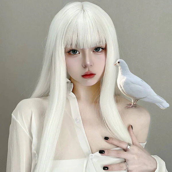 Qoo10] 【3日以内に出荷】 白ウィッグ女性ロング
