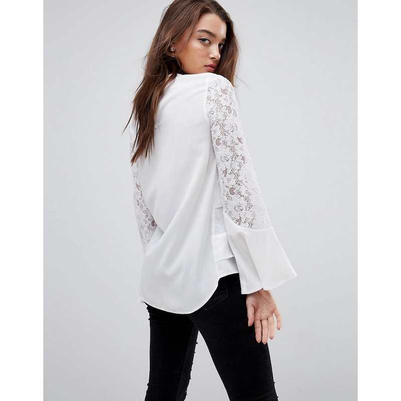 リバーアイランド レディース トップス ブラウス・シャツ【River Island Frill Front Lace Sleeve Blouse】White リバーアイランド レディース トップス ブラウス・シャツ【River Island Frill Front Lace Sleeve Blouse】White