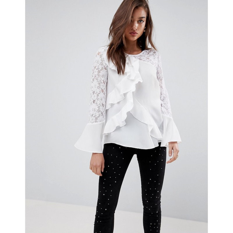 リバーアイランド レディース トップス ブラウス・シャツ【River Island Frill Front Lace Sleeve Blouse】White リバーアイランド レディース トップス ブラウス・シャツ【River Island Frill Front Lace Sleeve Blouse】White