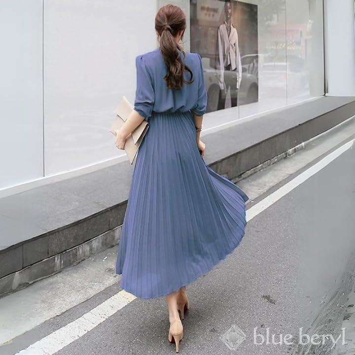 ブルーベリル シフォンワンピース ロング プリーツ レディース 長袖 ハイウエスト ウエストリボン フレア 春 秋 BB054(ブルー, L) ブルーベリル シフォンワンピース ロング プリーツ レディース 長袖 ハイウエスト ウエストリボン フレア 春 秋 BB054(ブルー, L)
