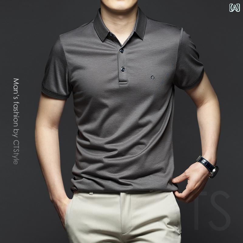 ポロシャツ ゴルフ メンズ 夏 半袖 Tシャツ シルケット コットン 冷ハイエンド ビジネス Tシャツ 紳士服 ビジネスカジュアル スリムフィット