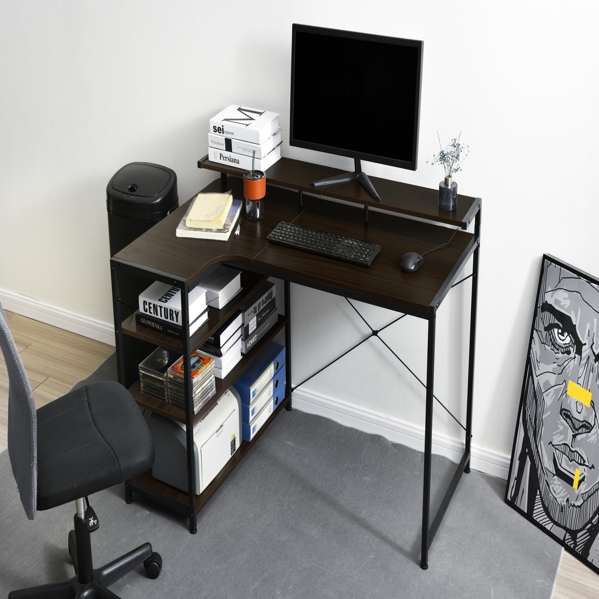 【当日発送&送·料·無·料】【人気商品改良タイプ】【ダークブラウ】パソコンデスク L字 3段ラック付 120cm デスク木製 ハイデスク付き 勉強机-362 書斎机 ミシン台