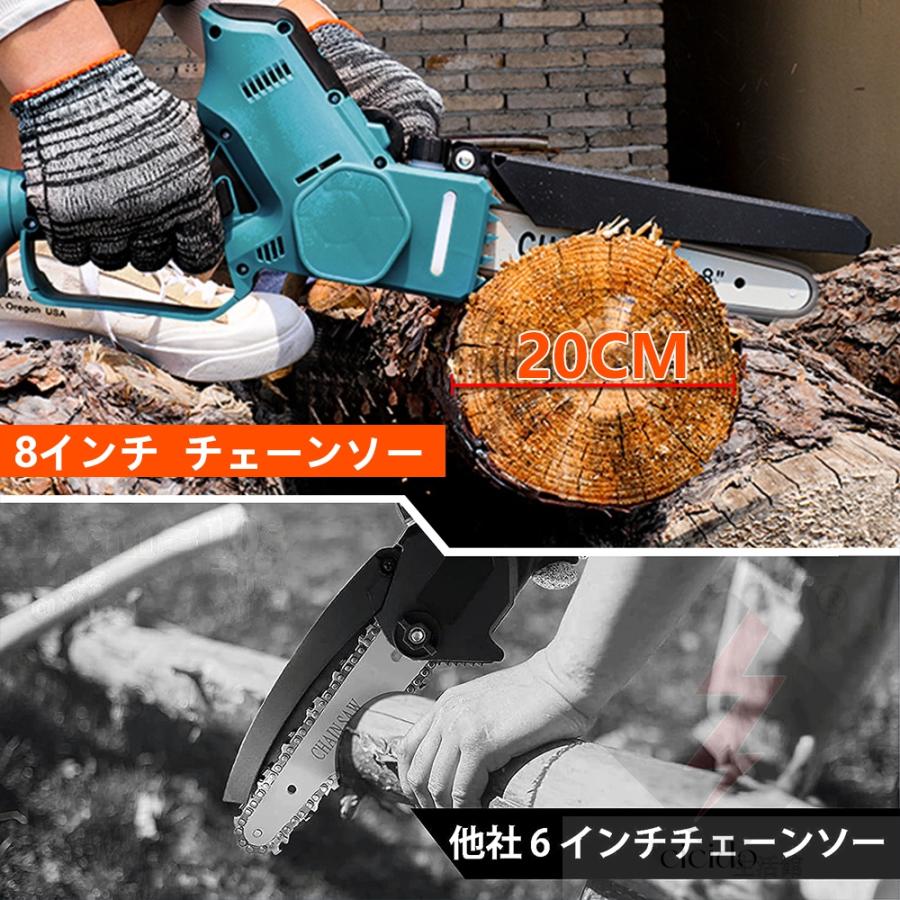 チェーンソー 充電式 電動チェーンソー 8インチ ハンディ 軽量 ブラシレスモーター 電動ノコギリ 給油可能 強力 家庭用 安全ロック 女性 バッテリー互換
