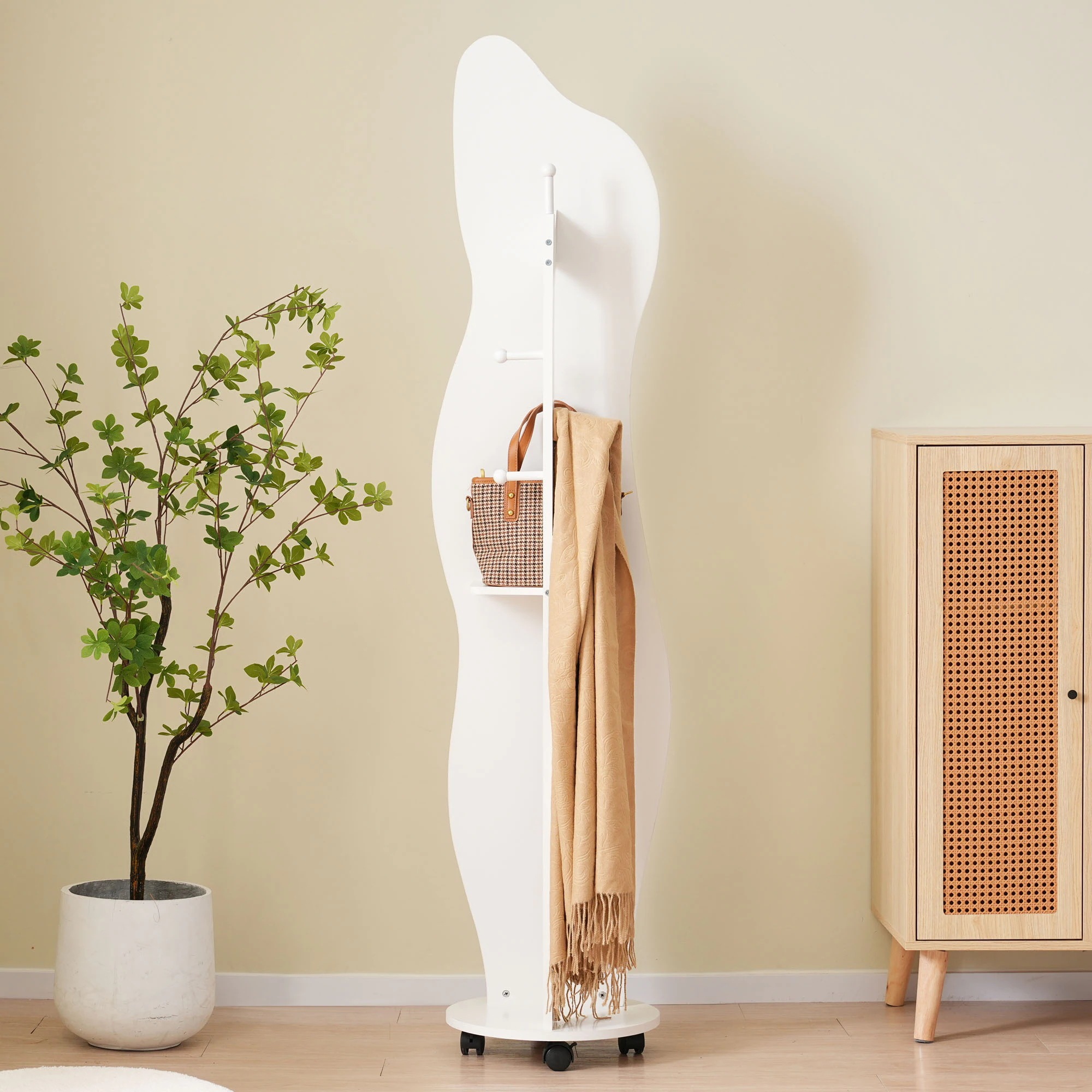 1992全身鏡 姿見鏡 ハンガーフック イレギュラ ハンガーフック付き鏡 ハンガー 360回転可能なキャスター付き 北欧 収納付き 衣類収納 隙間収納 リビング 玄関 飛散防止加工 ホワイト167*