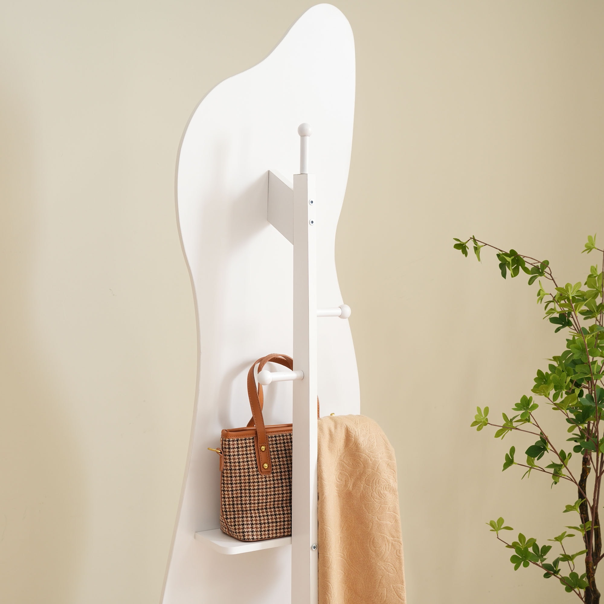 1992全身鏡 姿見鏡 ハンガーフック イレギュラ ハンガーフック付き鏡 ハンガー 360回転可能なキャスター付き 北欧 収納付き 衣類収納 隙間収納 リビング 玄関 飛散防止加工 ホワイト167*